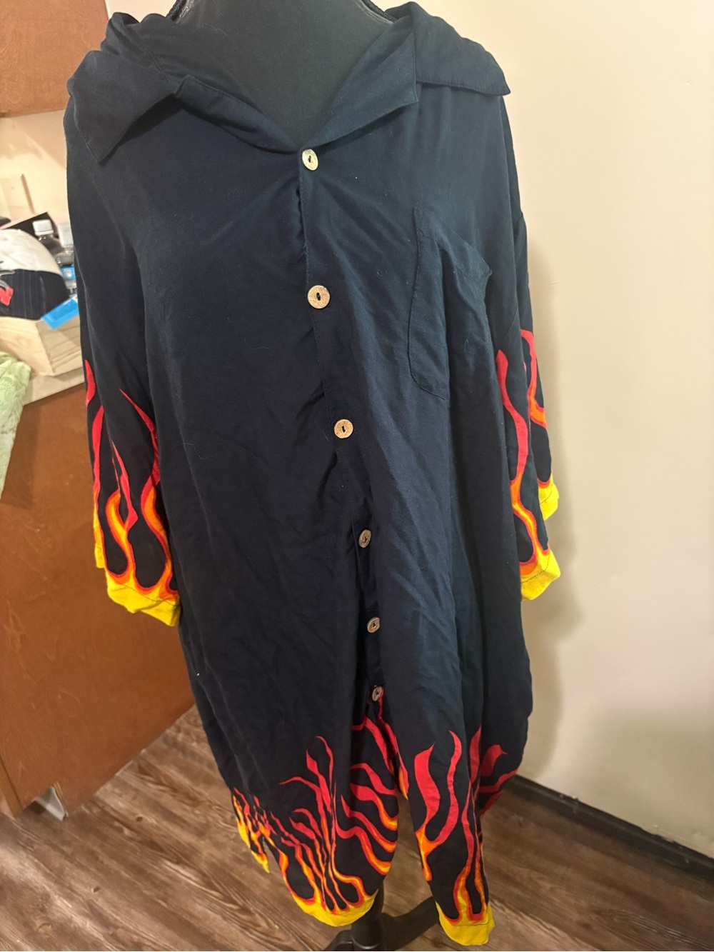 Men's Black Button-Down Shirt with Red & Yellow Flame Print - Picture 1 of 3